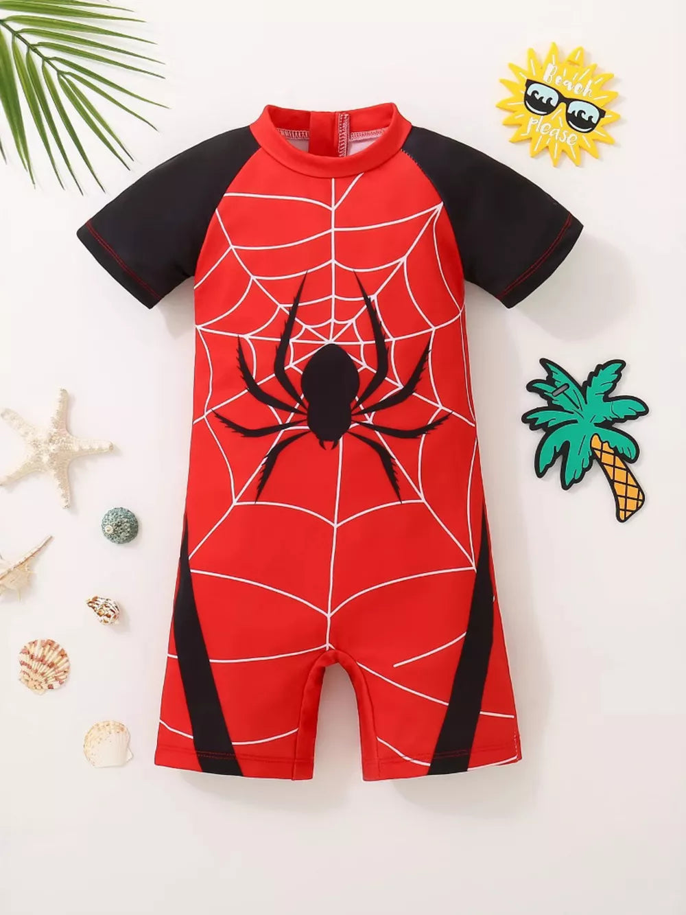 Red and black toddler one-piece swimsuit with Spider-Man web and spider graphic.