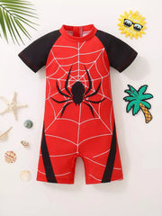 Red and black toddler one-piece swimsuit with Spider-Man web and spider graphic.