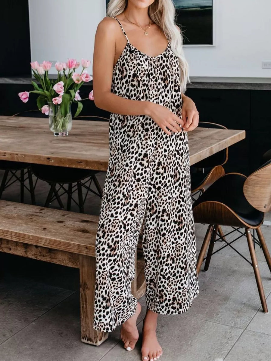 Leopard print culotte jumpsuit with spaghetti straps and V-neck
