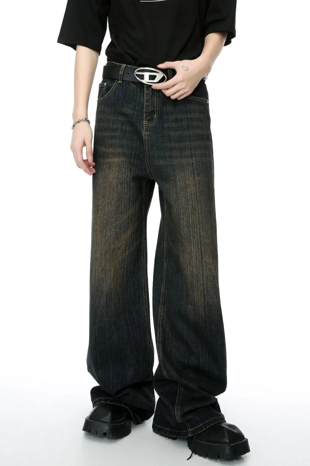 Skyline Swagger wide-leg jeans in dark wash denim with a faded, distressed look.