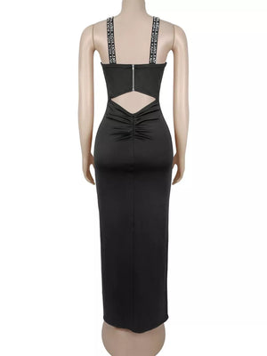 Rhinestone Cutout Back High Slit Maxi Dress in black
