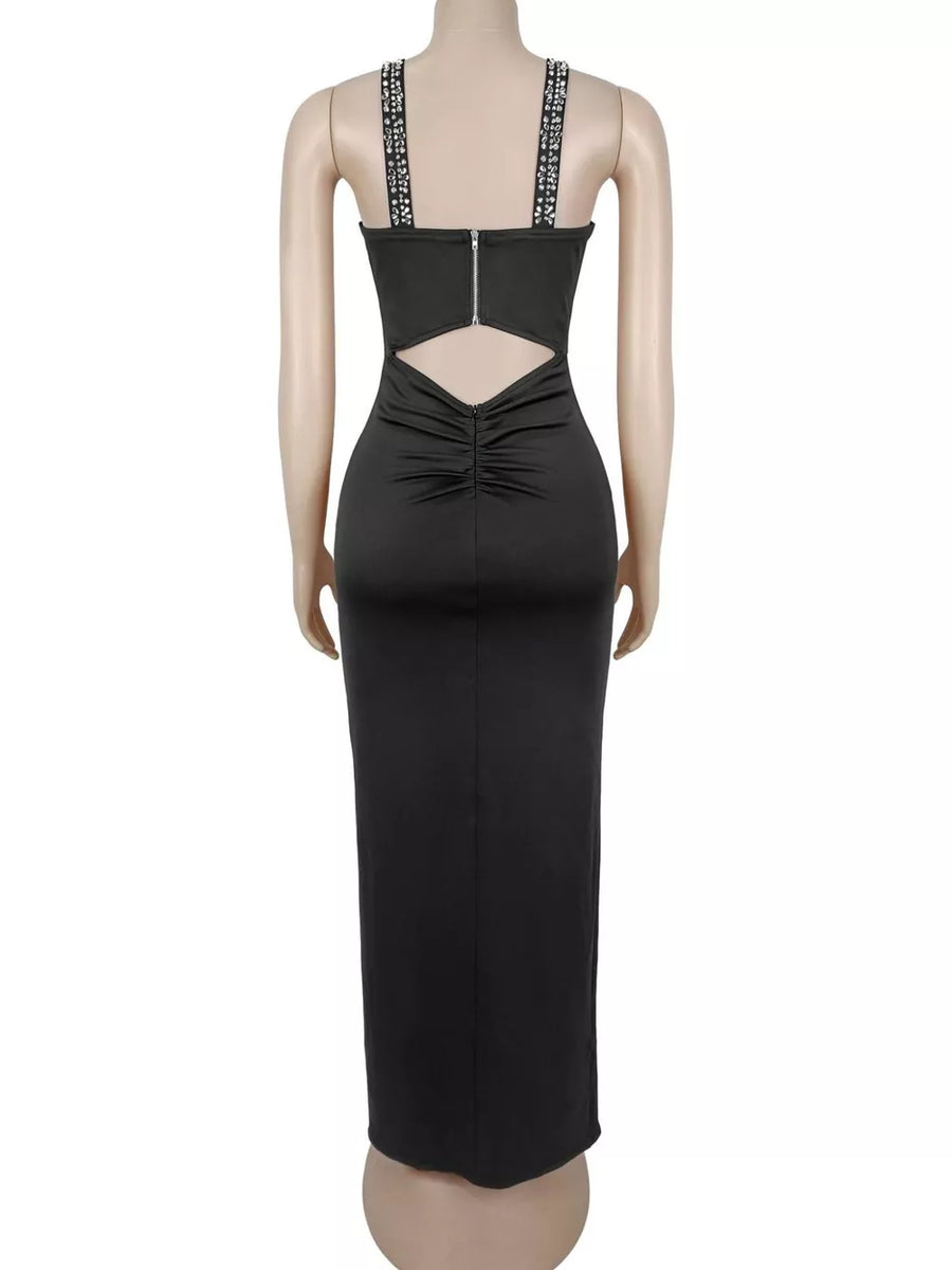 Rhinestone Cutout Back High Slit Maxi Dress in black