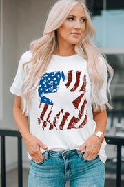 White round neck t-shirt with distressed American flag graphic and white star.