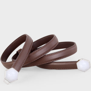 Brown cowhide leather belt with geometric white buckle