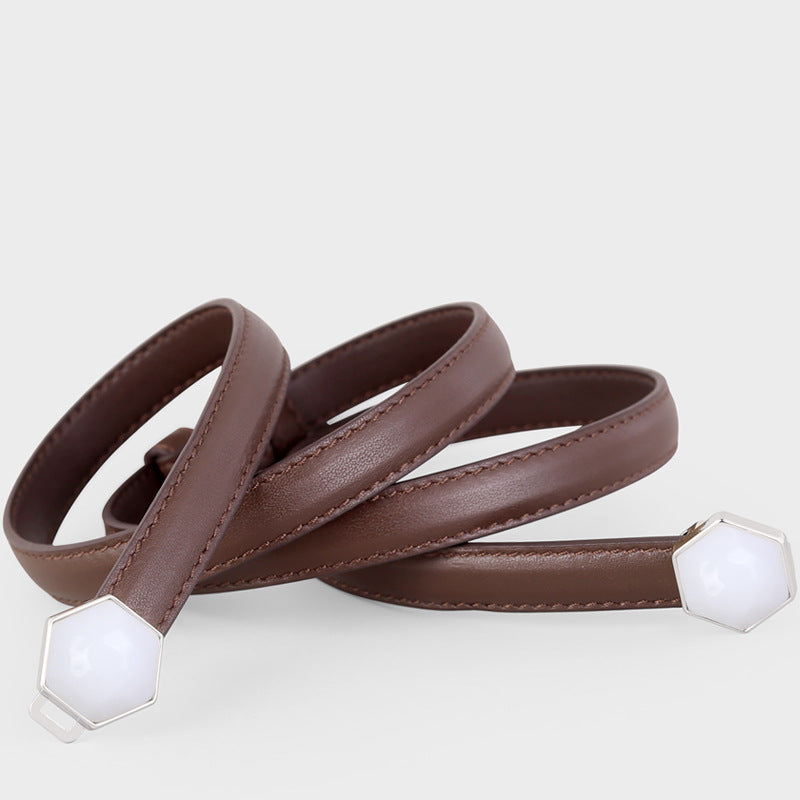 Brown cowhide leather belt with geometric white buckle