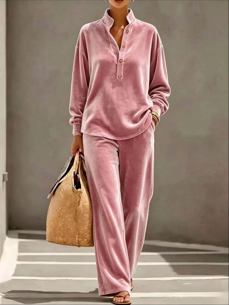 100% polyester Care instructions: Machine wash cold pajama set in Burgundy with relaxed silhouette