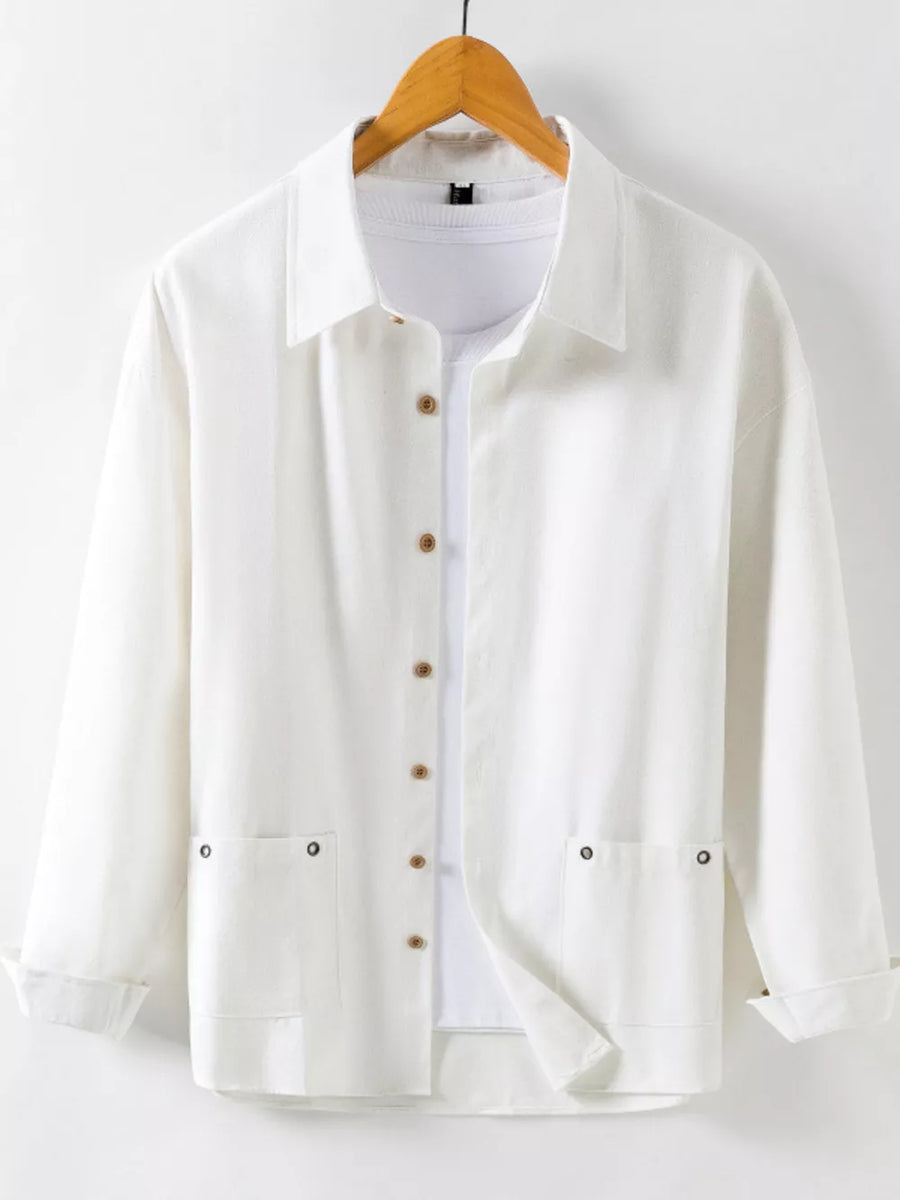 Men's white long sleeve button-up shirt with two chest pockets and wooden buttons.