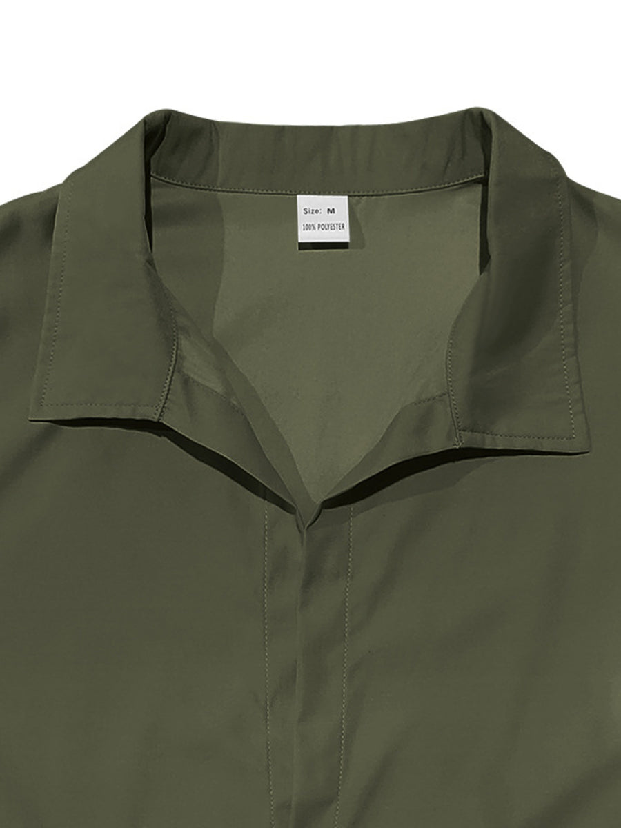 Military green long-sleeve men's polyester shirt with a spread collar.