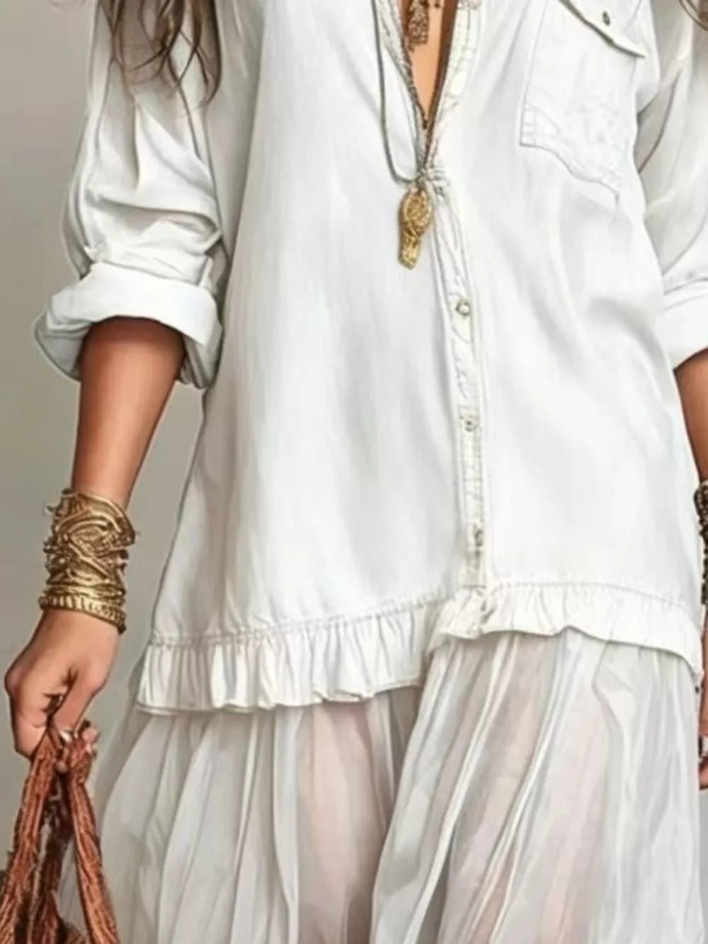 shirt dress in Light Gray with collared and long sleeve