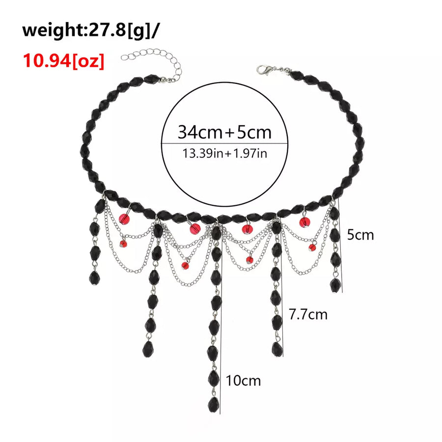 Gothic Beaded Tassel Choker Necklace in Black with beaded