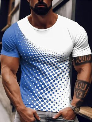 Men's crew neck t-shirt in white with a blue gradient dot print on the left side.