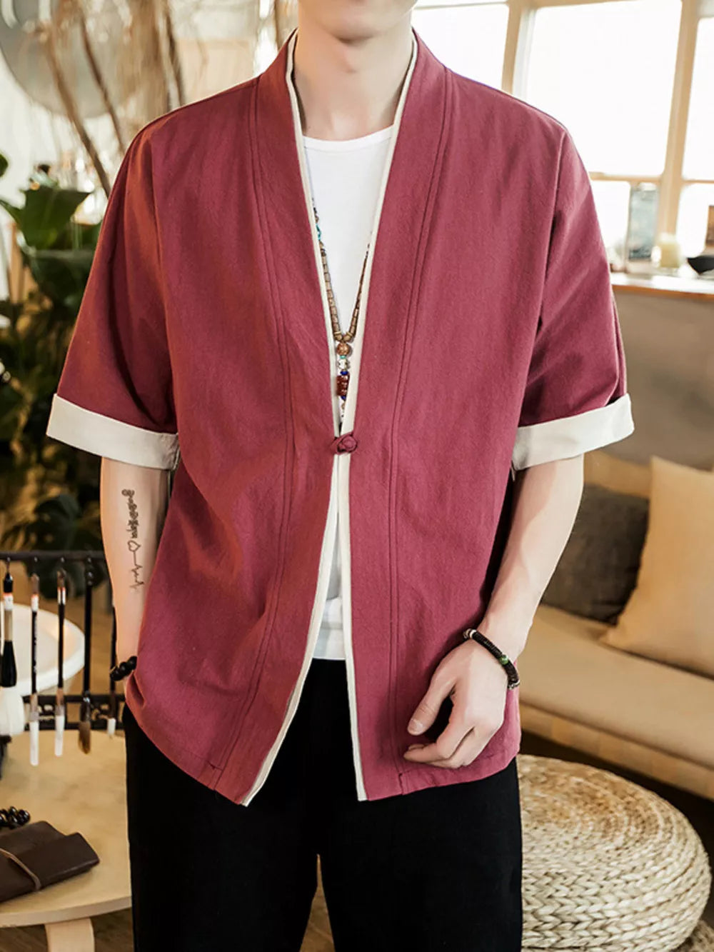 Burgundy cotton half sleeve shirt with contrast trim and open front.