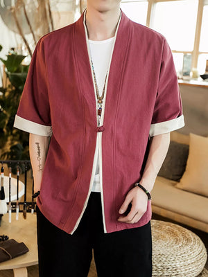 Burgundy cotton half sleeve shirt with contrast trim and open front.
