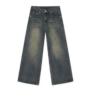 Whiskered denim straight leg jeans in dark blue with a faded wash and relaxed fit.