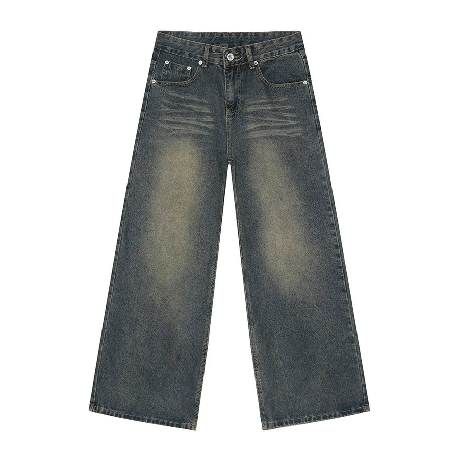 Whiskered denim straight leg jeans in dark blue with a faded wash and relaxed fit.