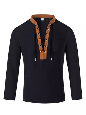 White Men's Vintage Lace-up Long Sleeve Henley Plus Size