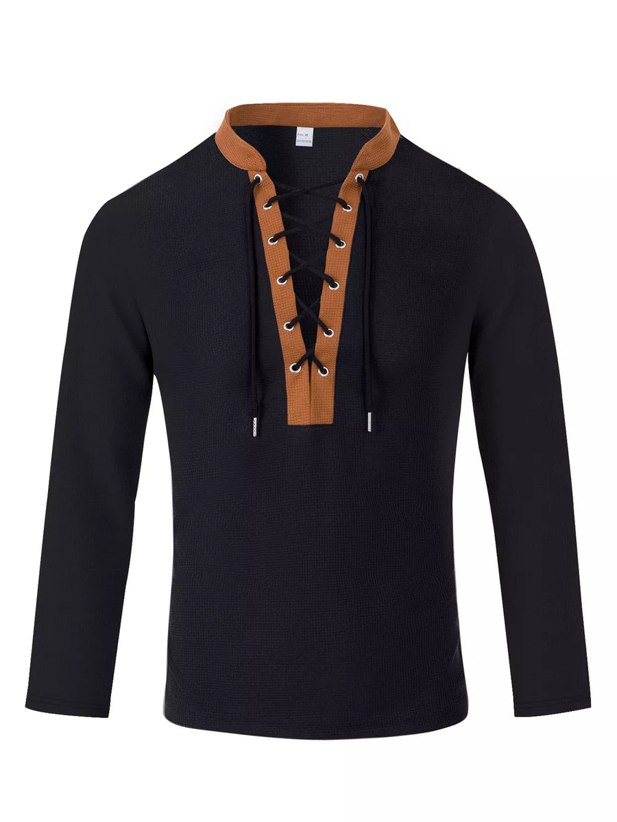 White Men's Vintage Lace-up Long Sleeve Henley Plus Size