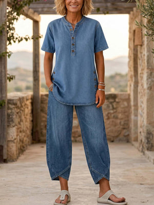 light blue pajama set with pocketed and short sleeve