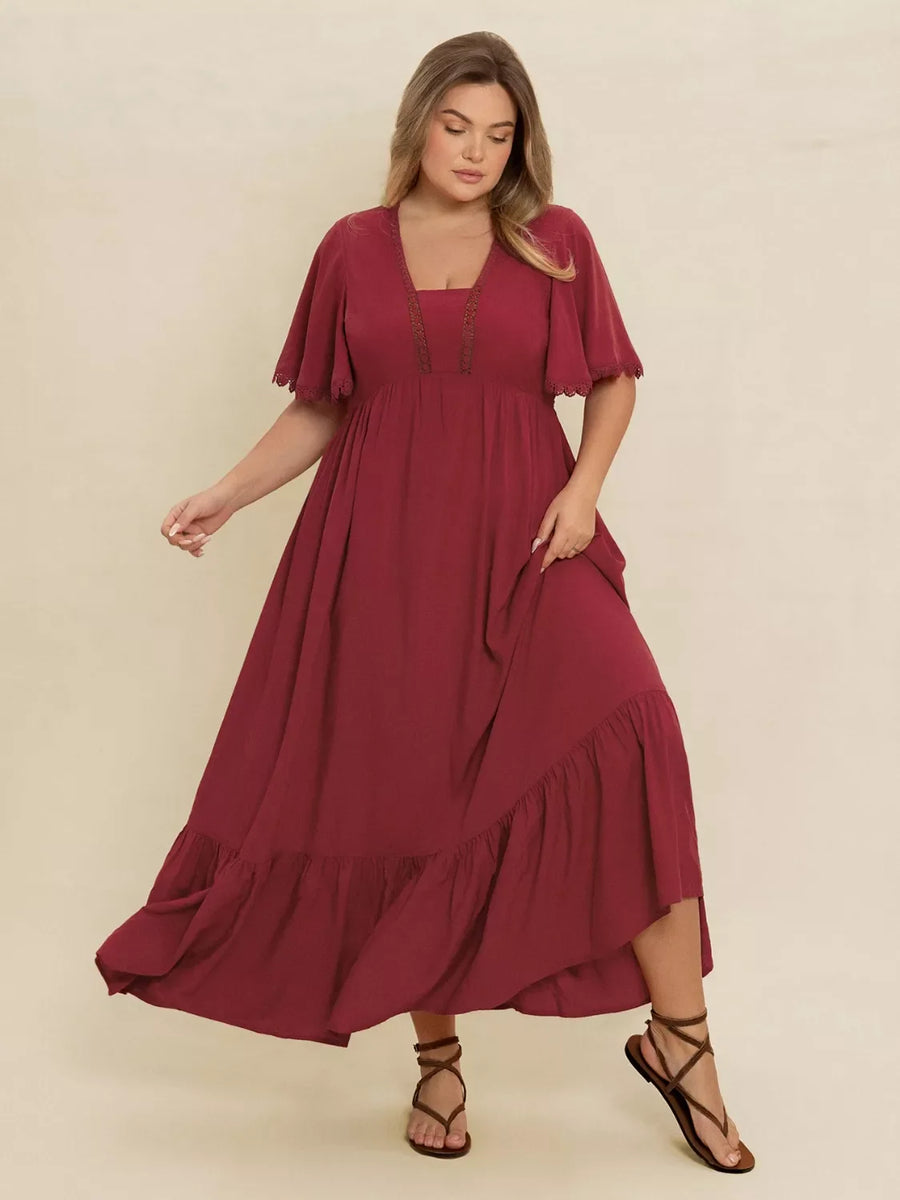 Burgundy lace detail flutter sleeve maxi dress with tiered ruffle hem.