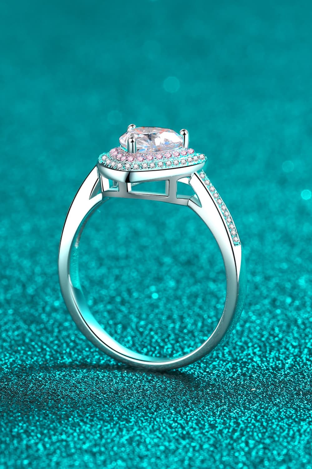 Sterling silver ring with heart halo moissanite and diamond accents