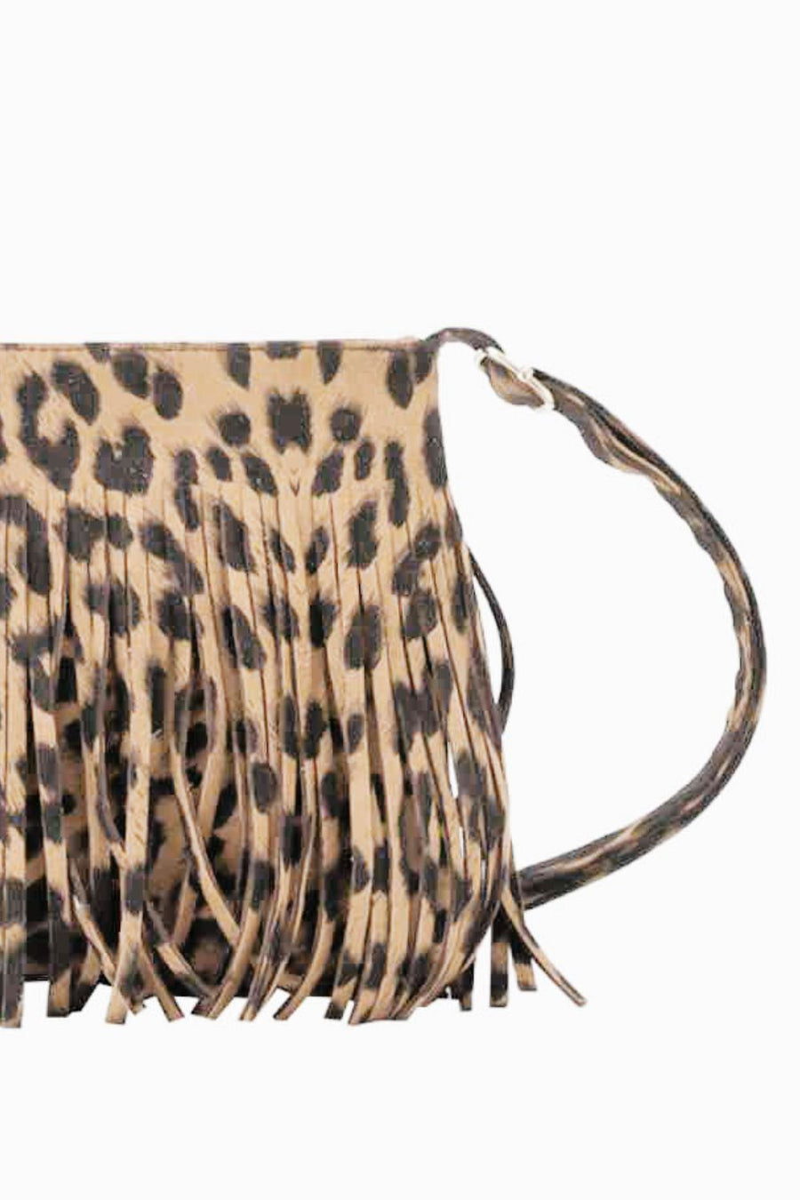 Leopard print crossbody bag with fringe detail and a single strap.