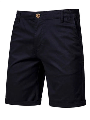 Navy chino shorts with elastic waist and cuffed hem