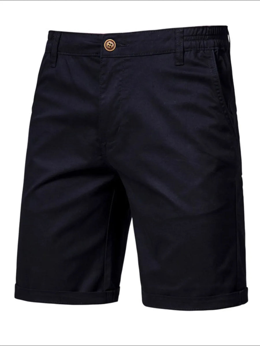 Navy chino shorts with elastic waist and cuffed hem