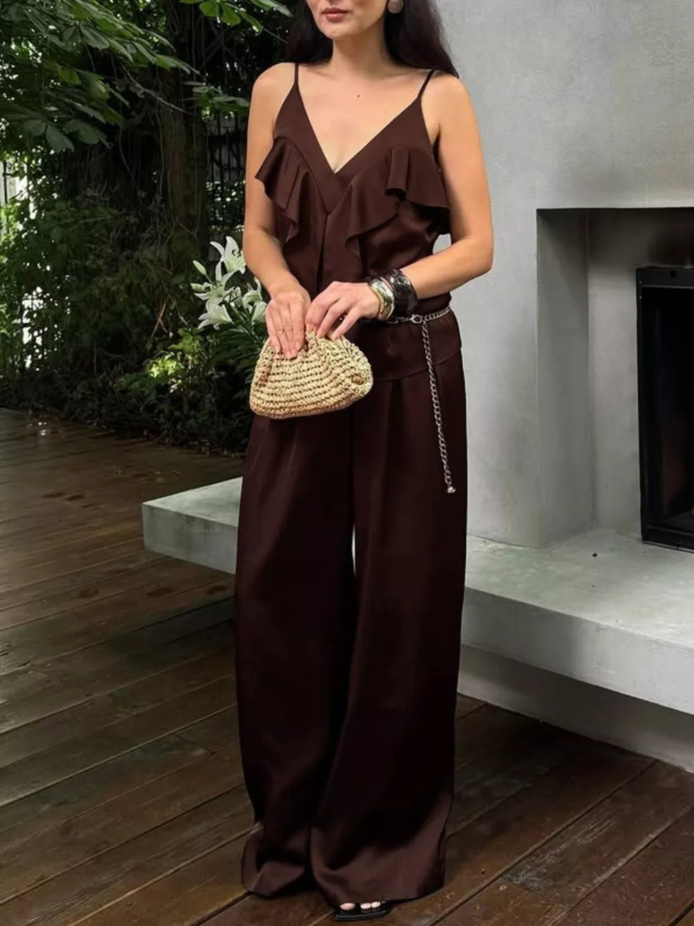 100% polyester Care instructions: Machine wash cold two-piece set in Brown with relaxed silhouette