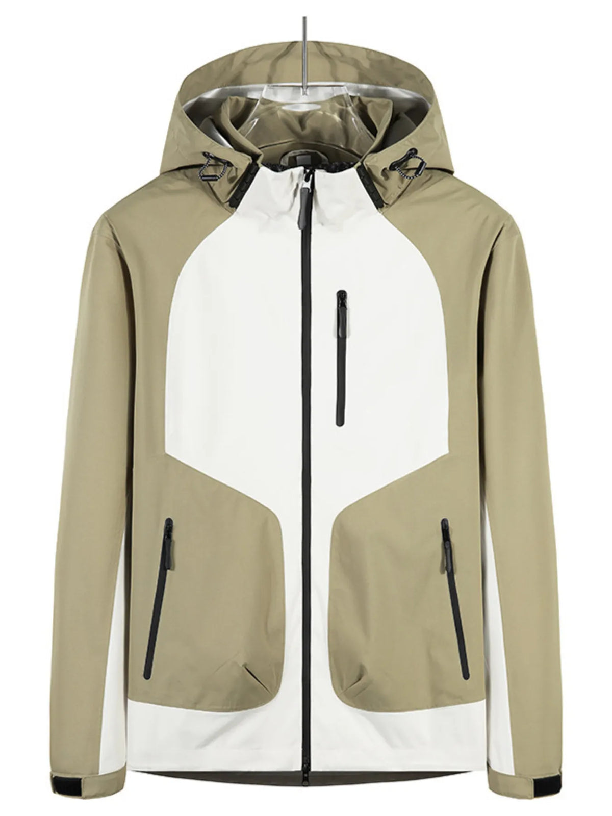 Khaki and white waterproof hooded jacket with adjustable drawstrings and zippered pockets.
