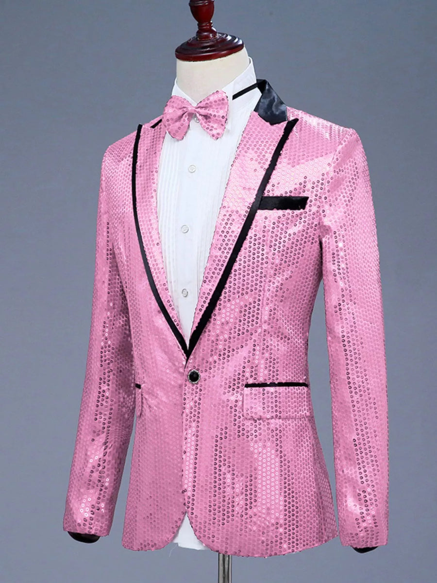 Men's pink sequin one-button tuxedo blazer with black lapels and trim.