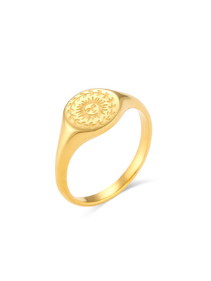 18K Gold-Plated Sun Motif Signet Ring in Style A with 18K gold-plated