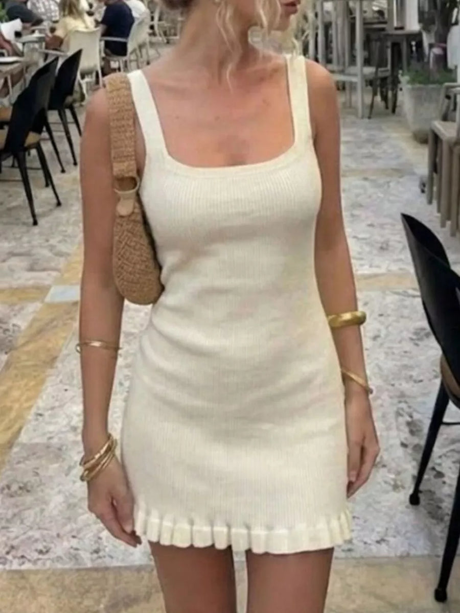 Ribbed Knit Square Neck Sweater Dress in Apricot