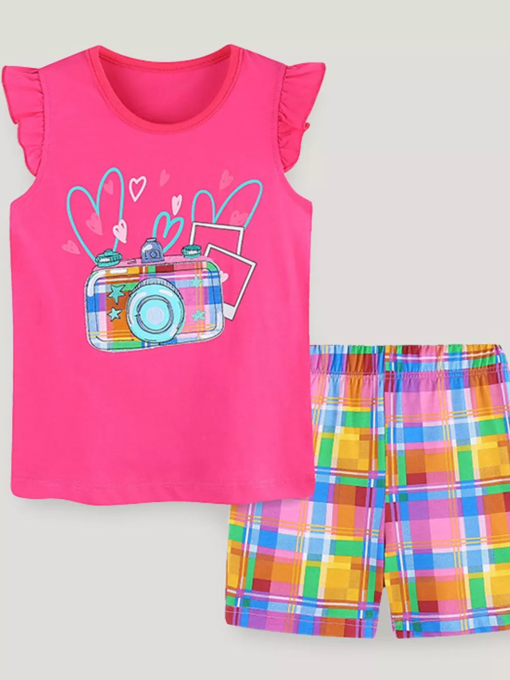 Toddler girls' pink cotton blend set with camera graphic tee and plaid shorts