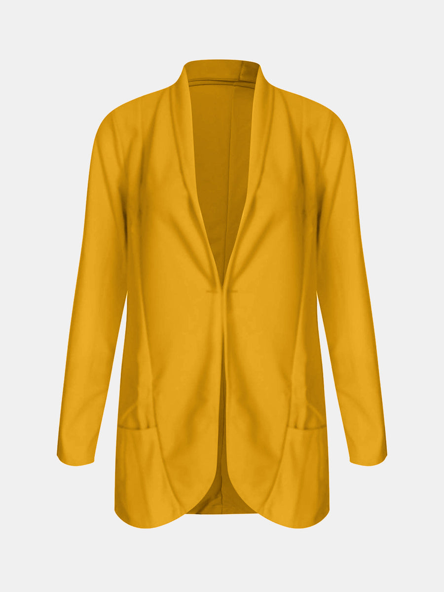 Gold open-front blazer with rolled sleeves and two front pockets