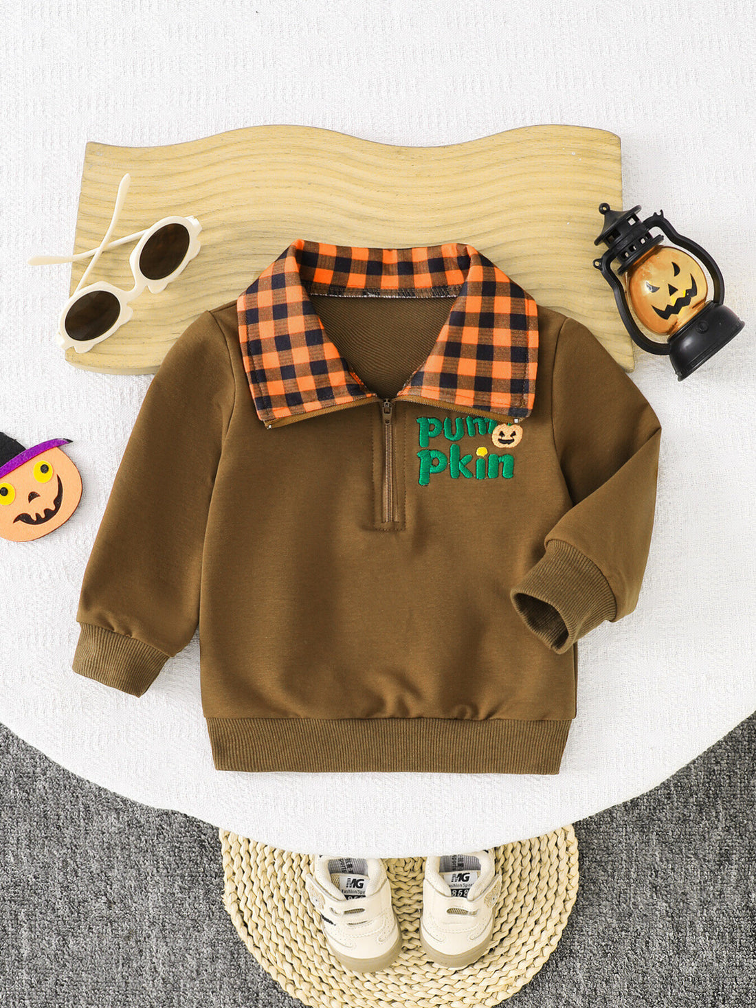 brown sweatshirt with plaid and collared