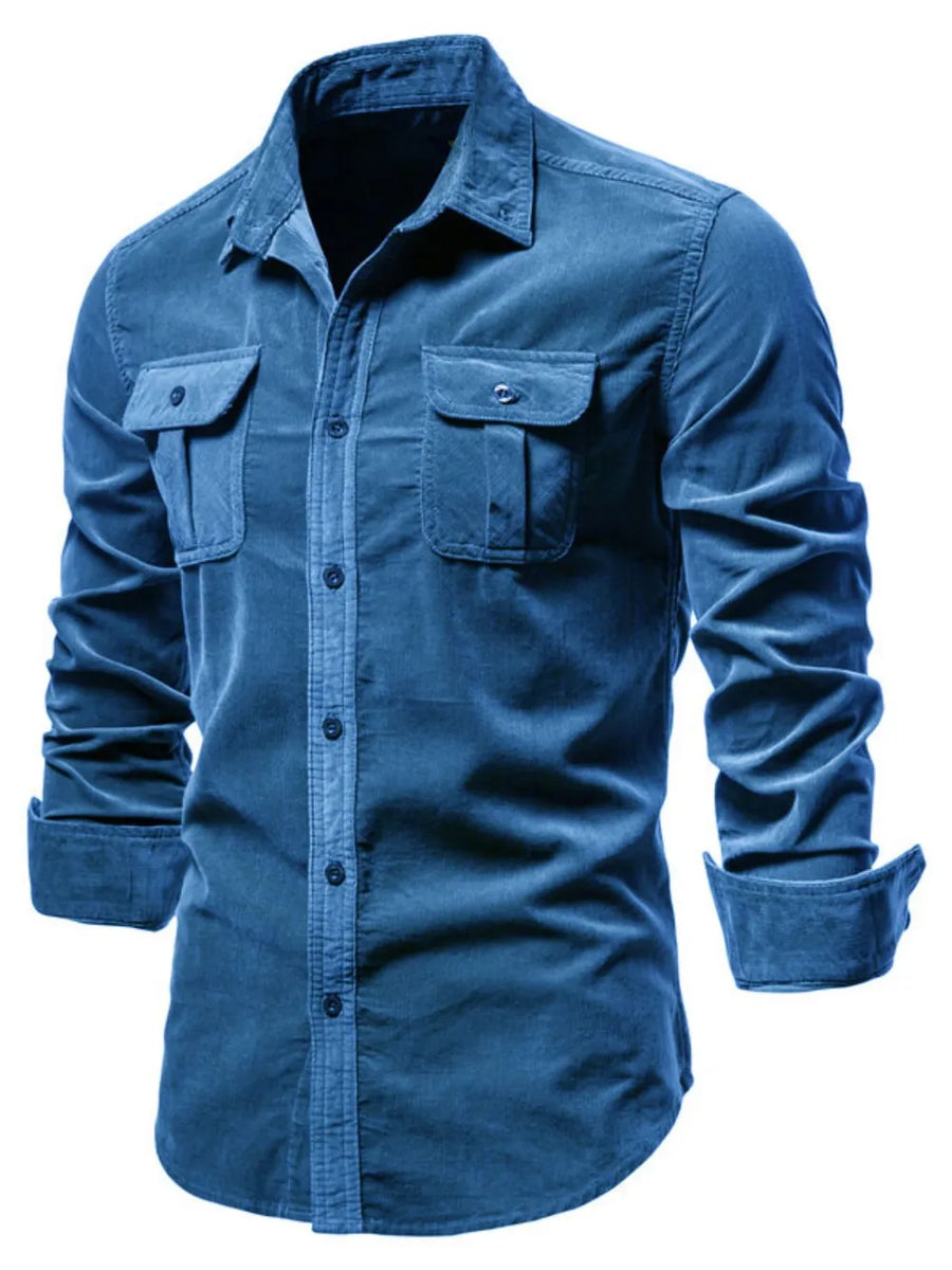 Blue corduroy utility shirt with patch pockets and button-down front.