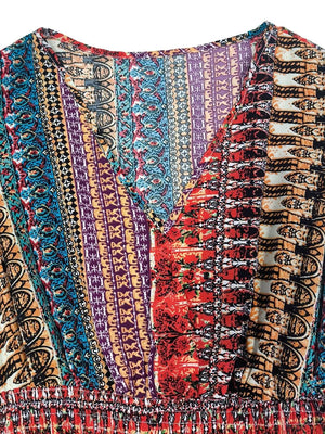 Bohemian maxi dress with colorful patchwork print and V-neckline