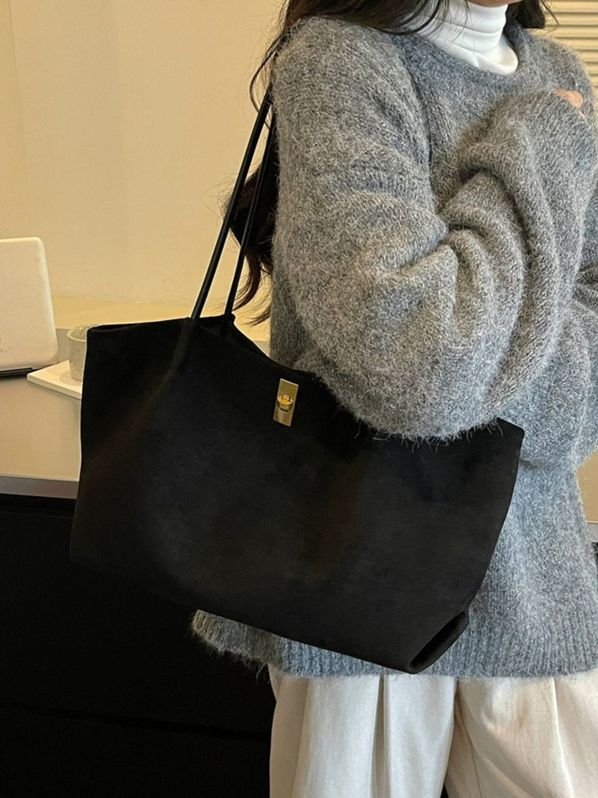 Turn-Lock Suede Tote Bag in Burgundy with turn-lock closure