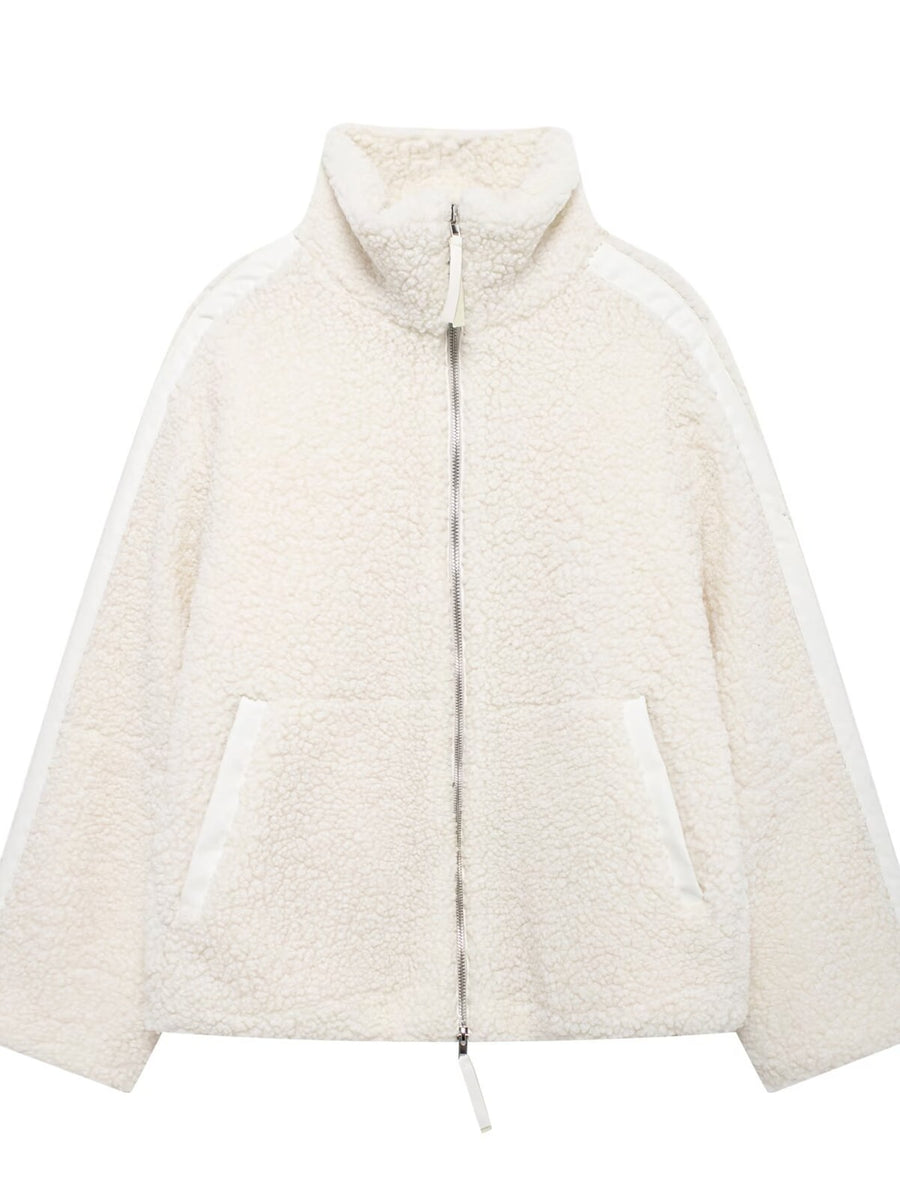 Sherpa Zip-Up Jacket in Off White-Ribbed