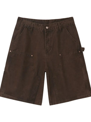 Dark Brown denim carpenter shorts with button closure and utility pockets.