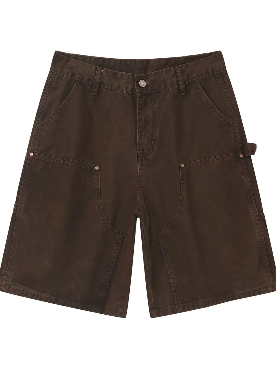 Dark Brown denim carpenter shorts with button closure and utility pockets.