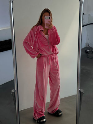 100% polyester Care instructions: Machine wash cold pajama set in Pink with relaxed silhouette