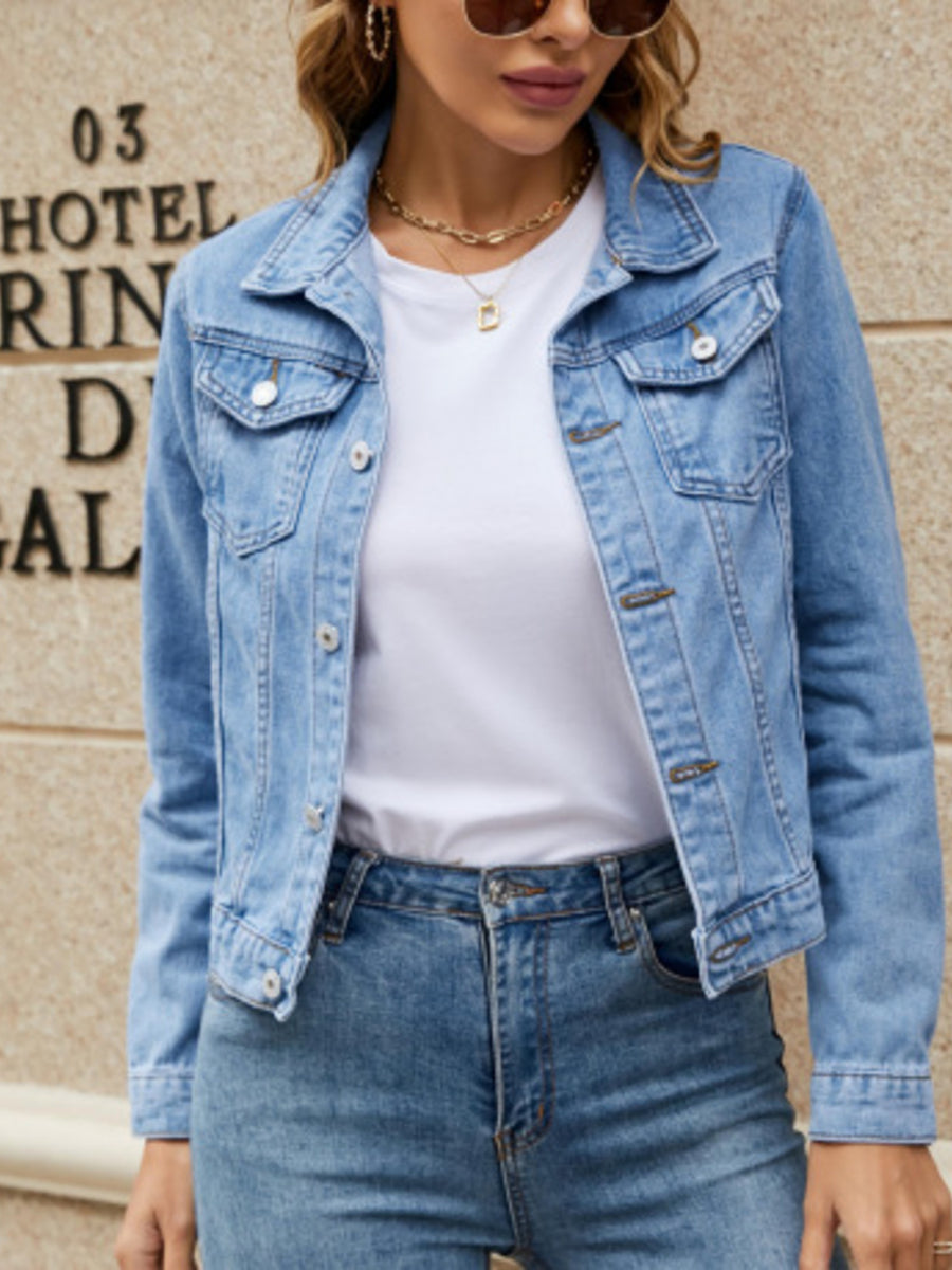 denim jacket in light blue featuring buttoned and slim fit