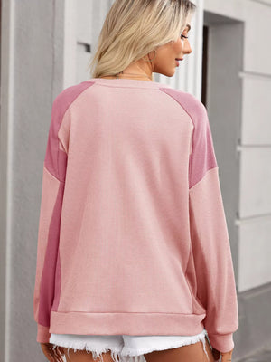 Color Block Waffle High Low Raglan Sweatshirt in Blush Pink