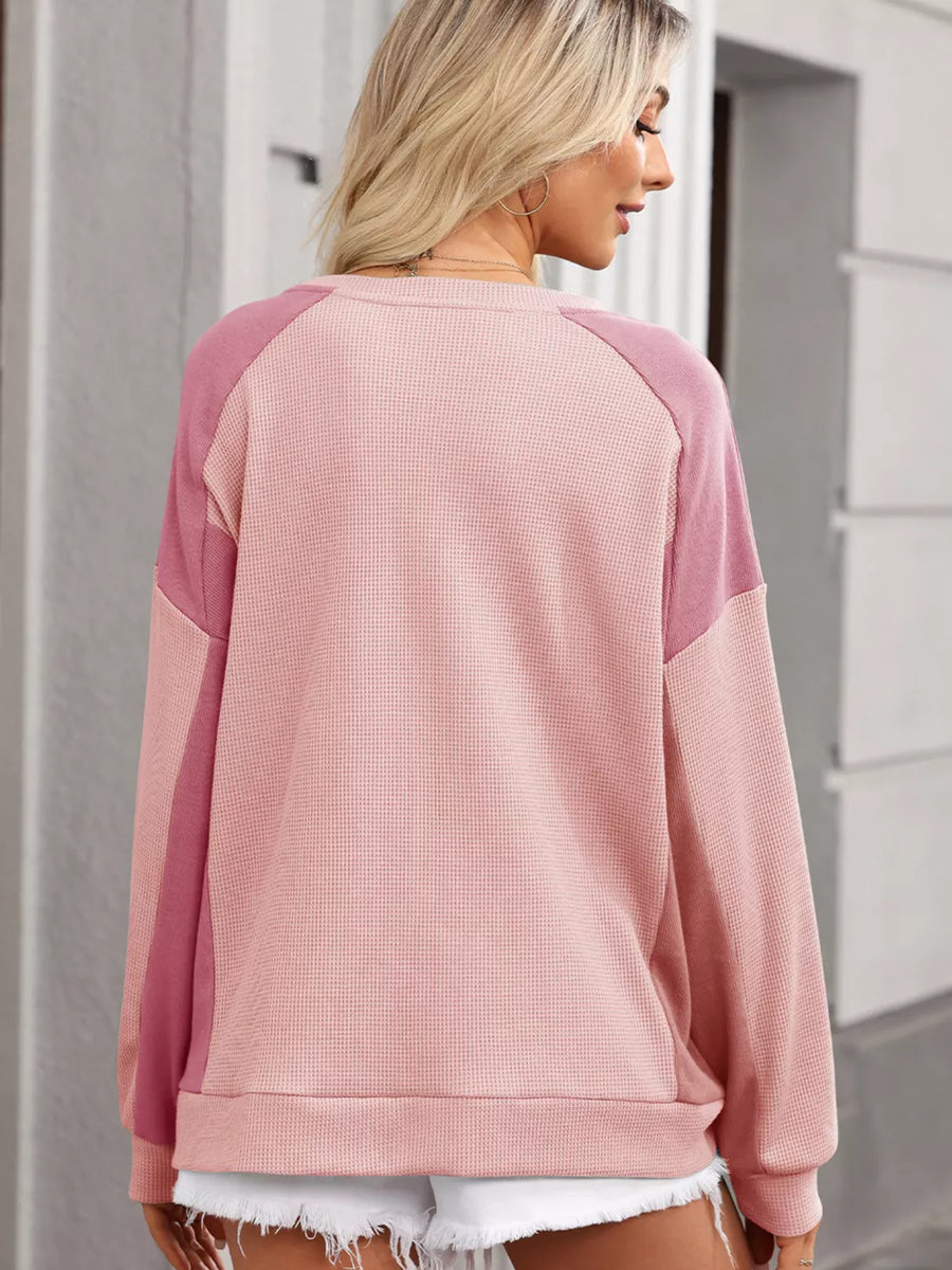 Color Block Waffle High Low Raglan Sweatshirt in Blush Pink