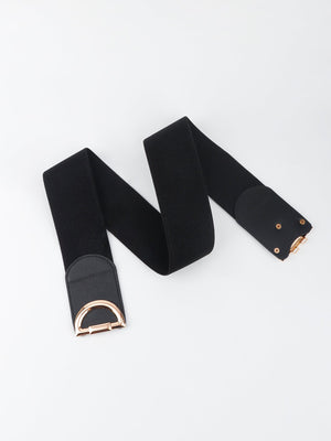 Black elastic belt with double D buckle and gold hardware detail