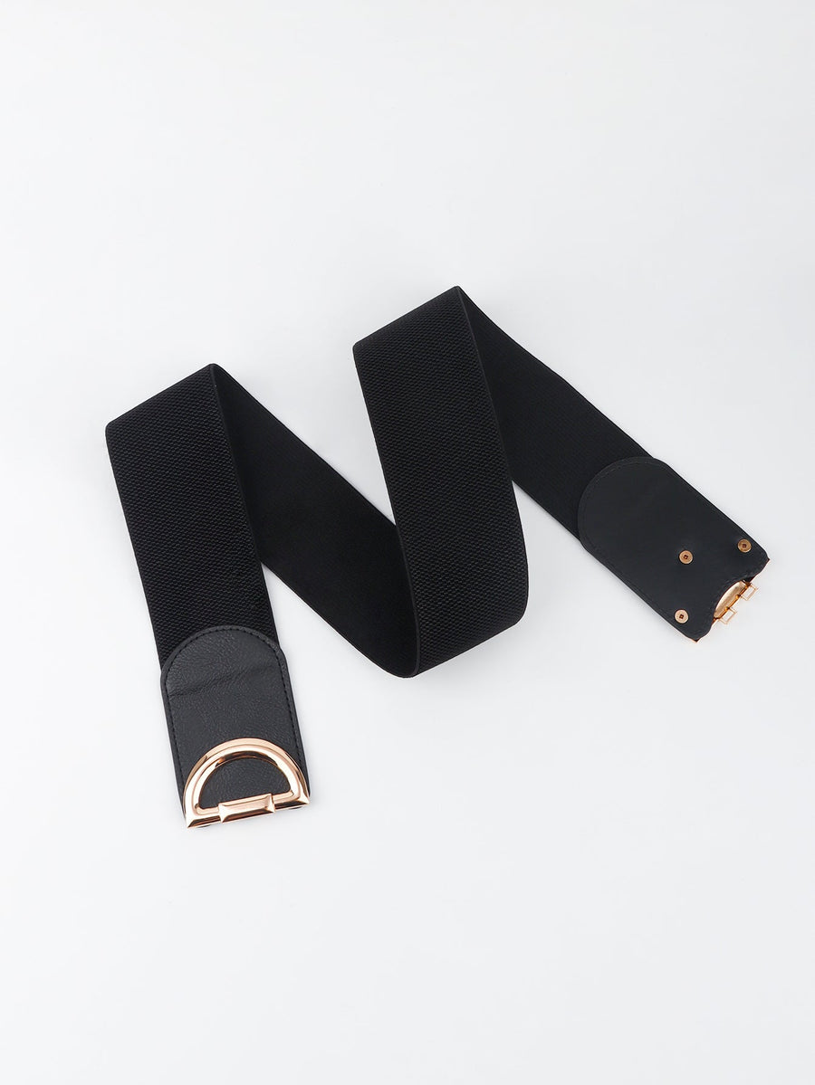Black elastic belt with double D buckle and gold hardware detail