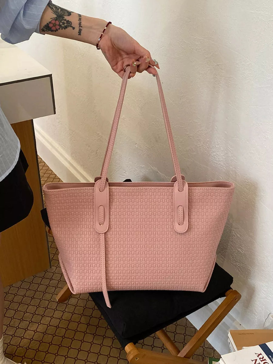 tote featuring woven texture in blush pink with PU Leather Imported Size &amp texture