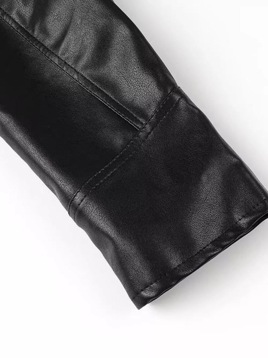Belted Leather Jacket With Shawl Collar in Dark Brown, view 17