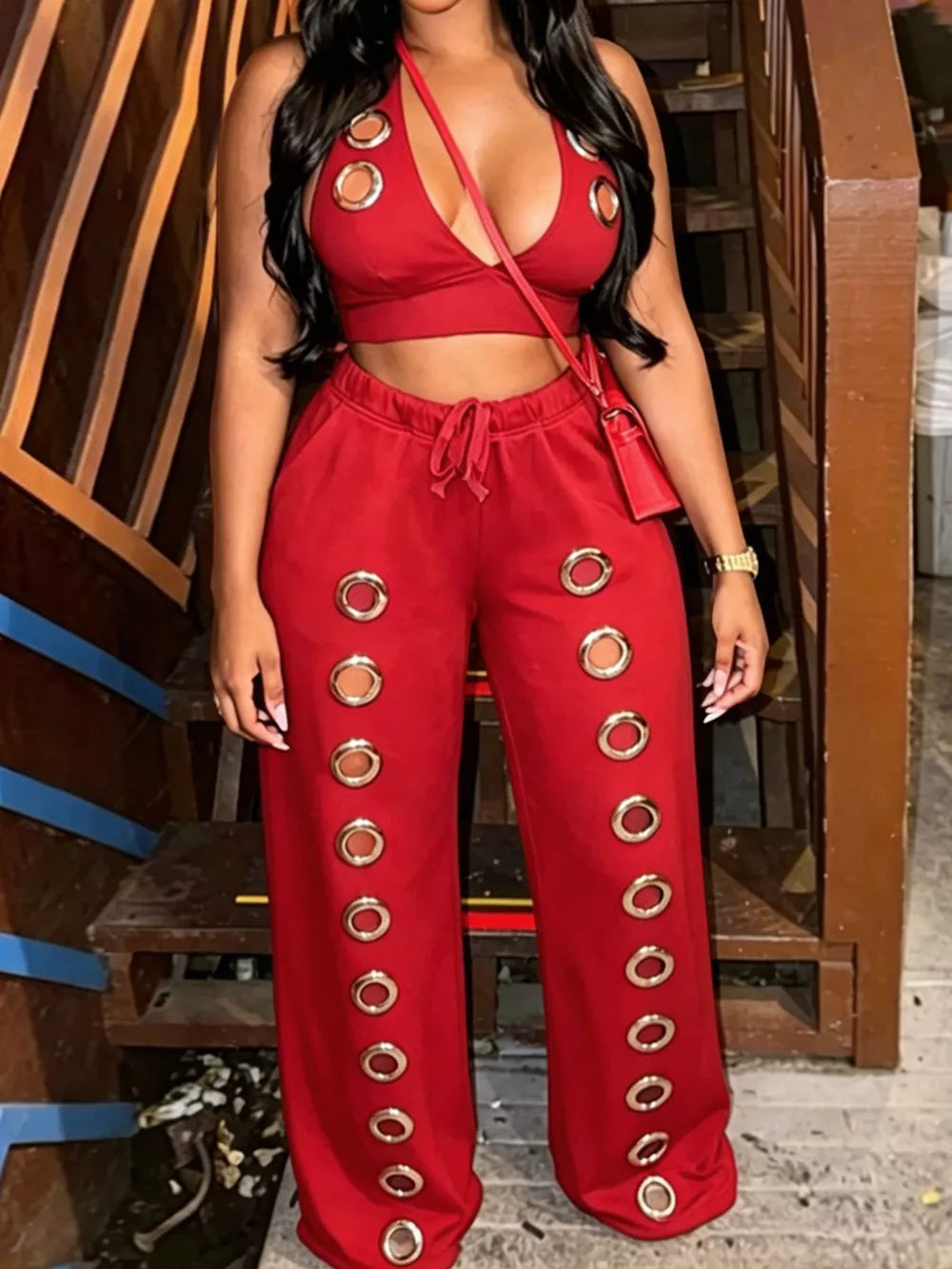 edgy two-piece set in Red with v-neck
